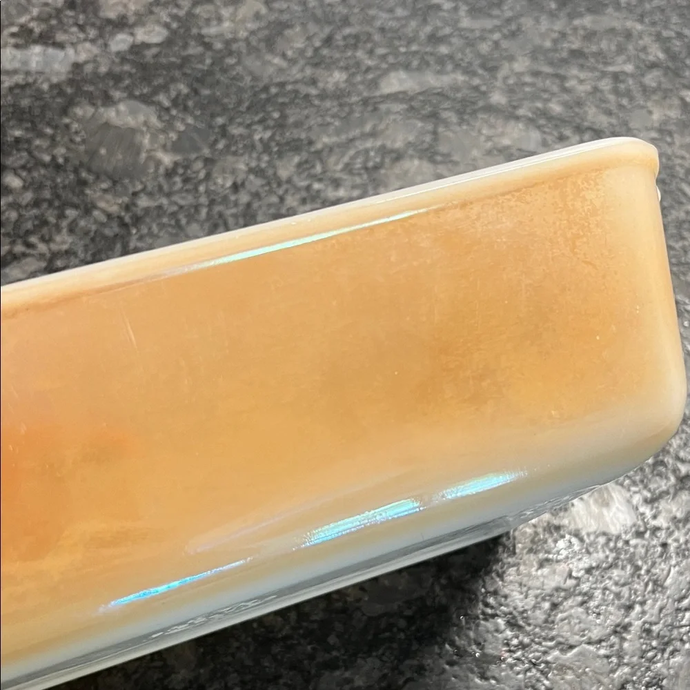 Fire King  9” loaf pan. Vintage Yellow irradescent Baking Dish 409 Peach Luster